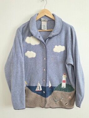 Vintage Northern Reflections Coastal Appliqué Embroidered Button-Front Cardigan